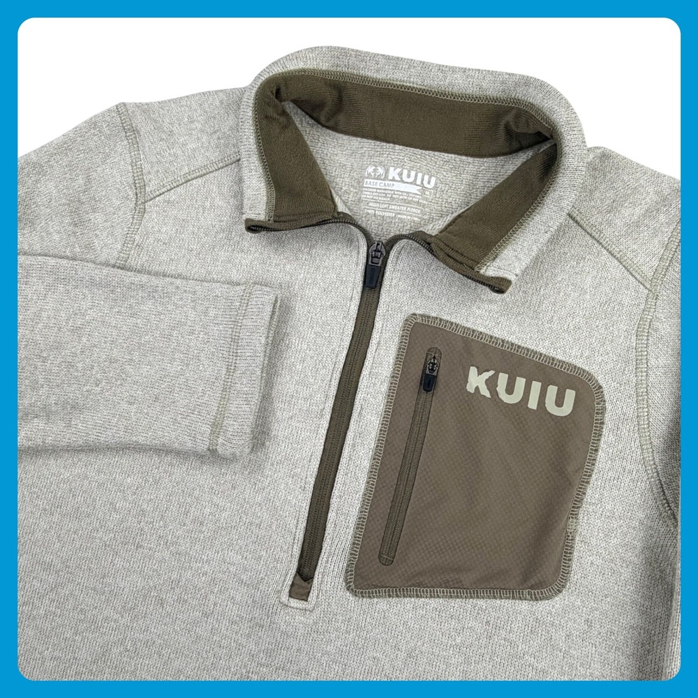 KUIU Base Camp High Loft Sweater Fleece Men MEDIUM Tan 1/4 Zip Sleeve Logo 14016
